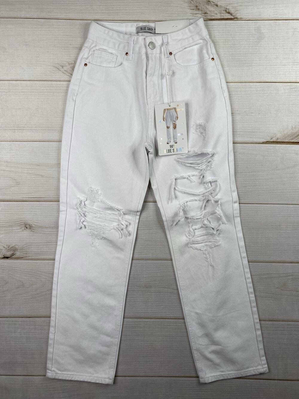 Blue Savvy Jeans Womens 1/25 White Mom High Rise 90s Destroyed 100% Cotton NWT
